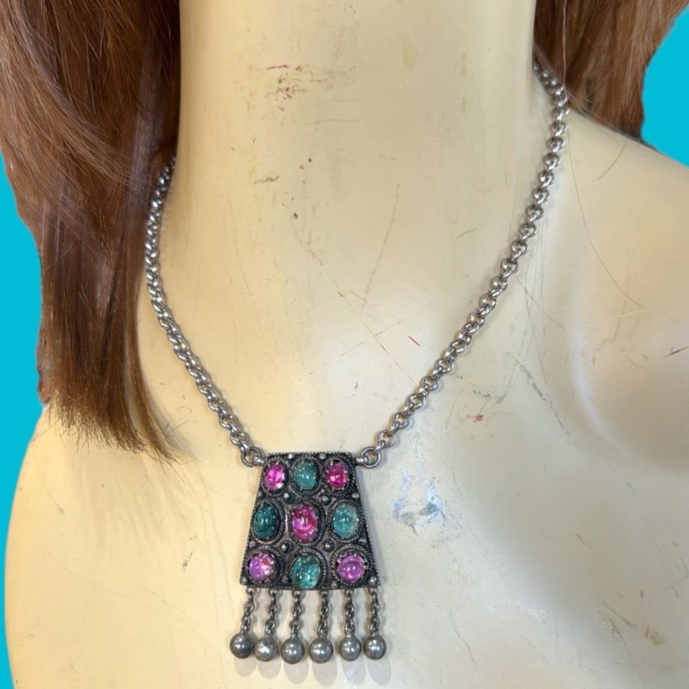 PINK GREEN STONES MORROCAN LOOK  METAL‎ NECKLACE CHOKER
